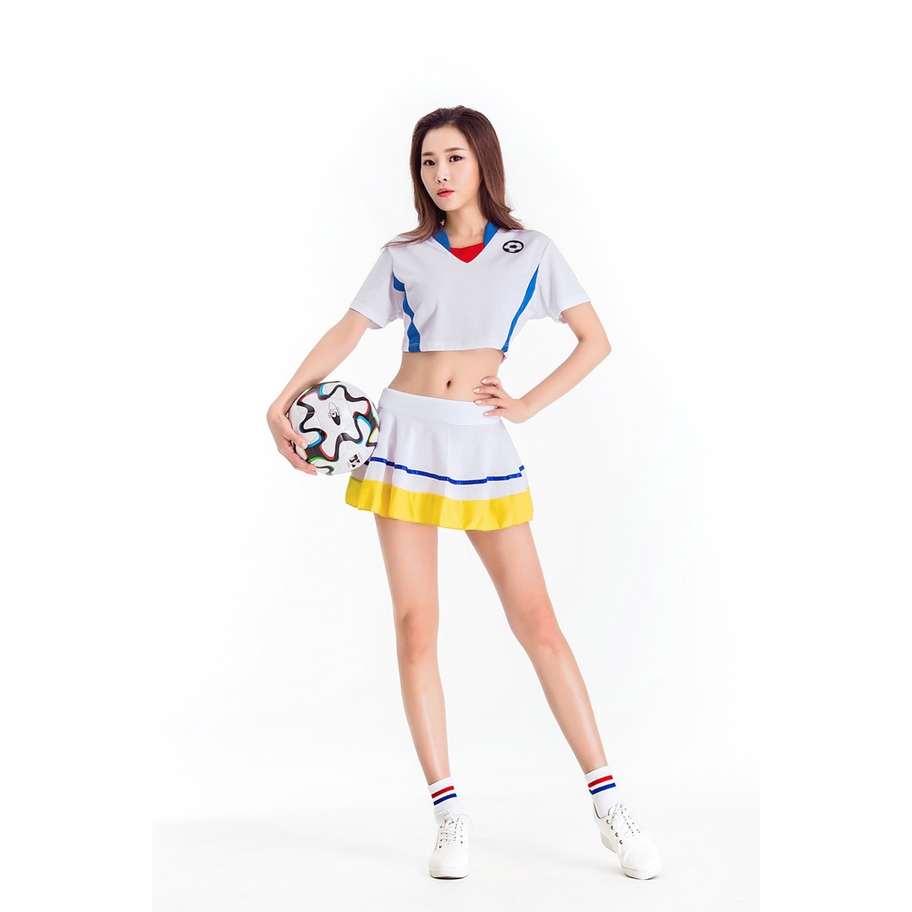 ชุดเชียร์กีฬา เชียร์บอล เสื้อเอวลอยสีขาว กระโปรงย้วย แต่งขลิบเหลือง