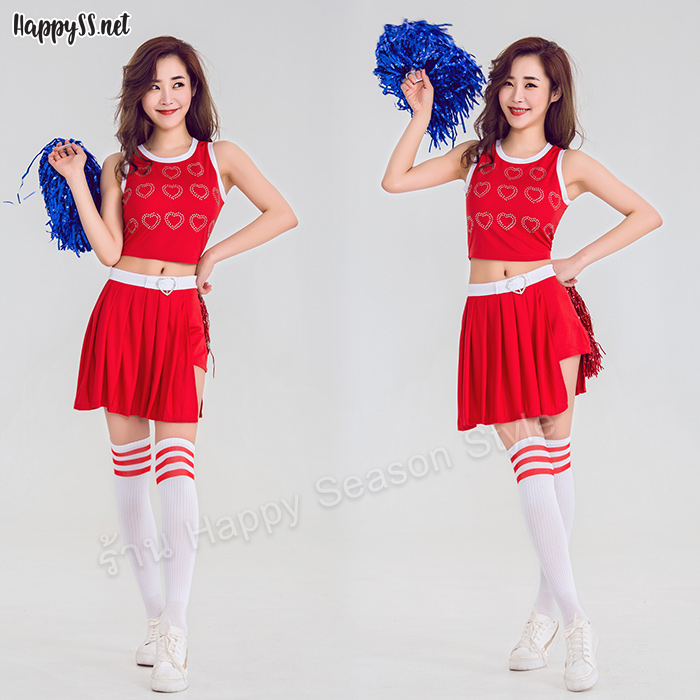 ชุดเชียร์ ชุดเชียร์ลีดเดอร์ ชุดเชียร์กีฬาสีแดง ลายหัวใจ ขอบขาว