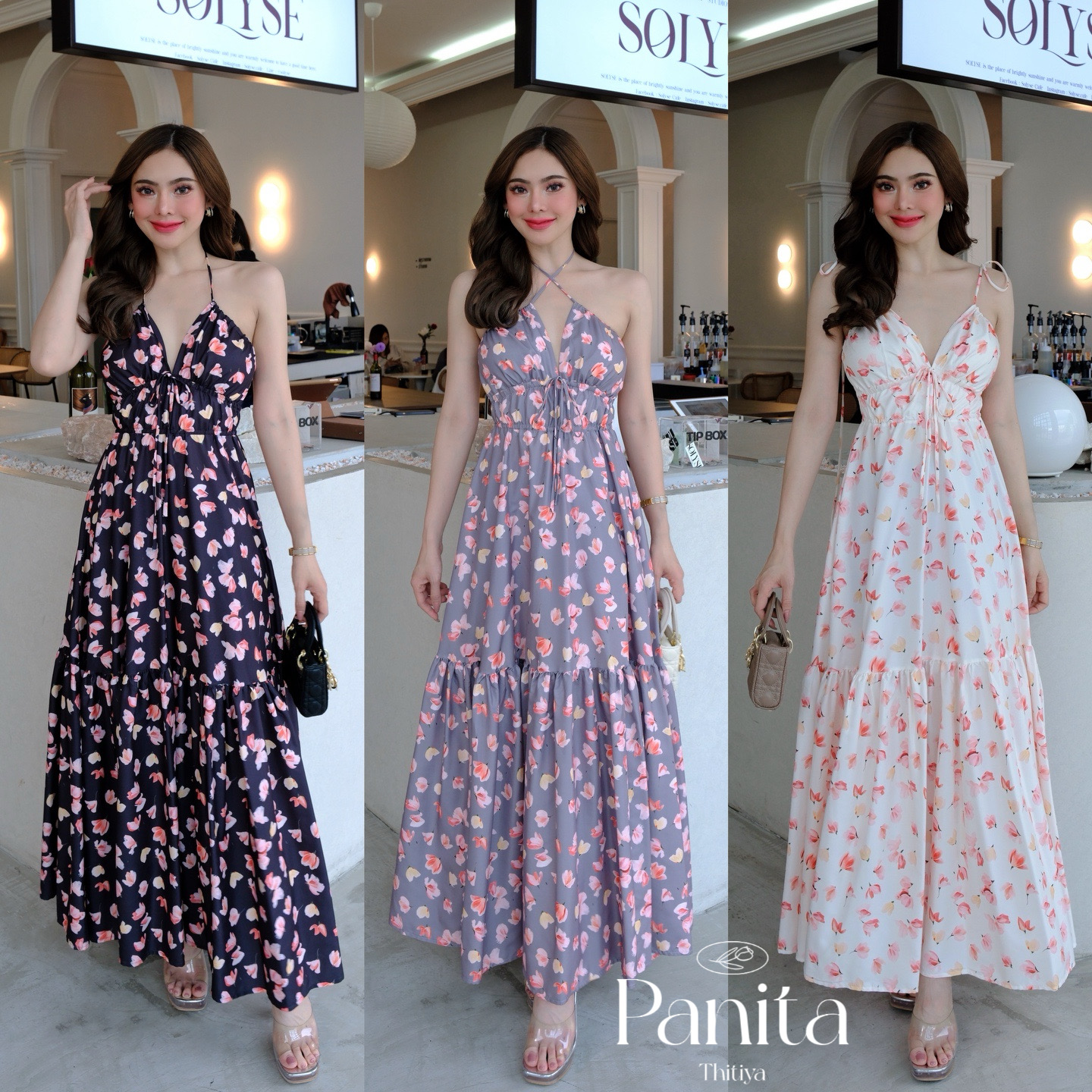 Panita dress -เดรสยาวผ้าพรเมี่ยม พริ้วสวยระบายอากาศได้ดี พิมพ์ลานดอกไม้โทนอุ่น สายผูกได้หลายแบบ ด้านหลังสม็อคเส้นใหญ่สวยและเซฟกันโป๊ thitiya