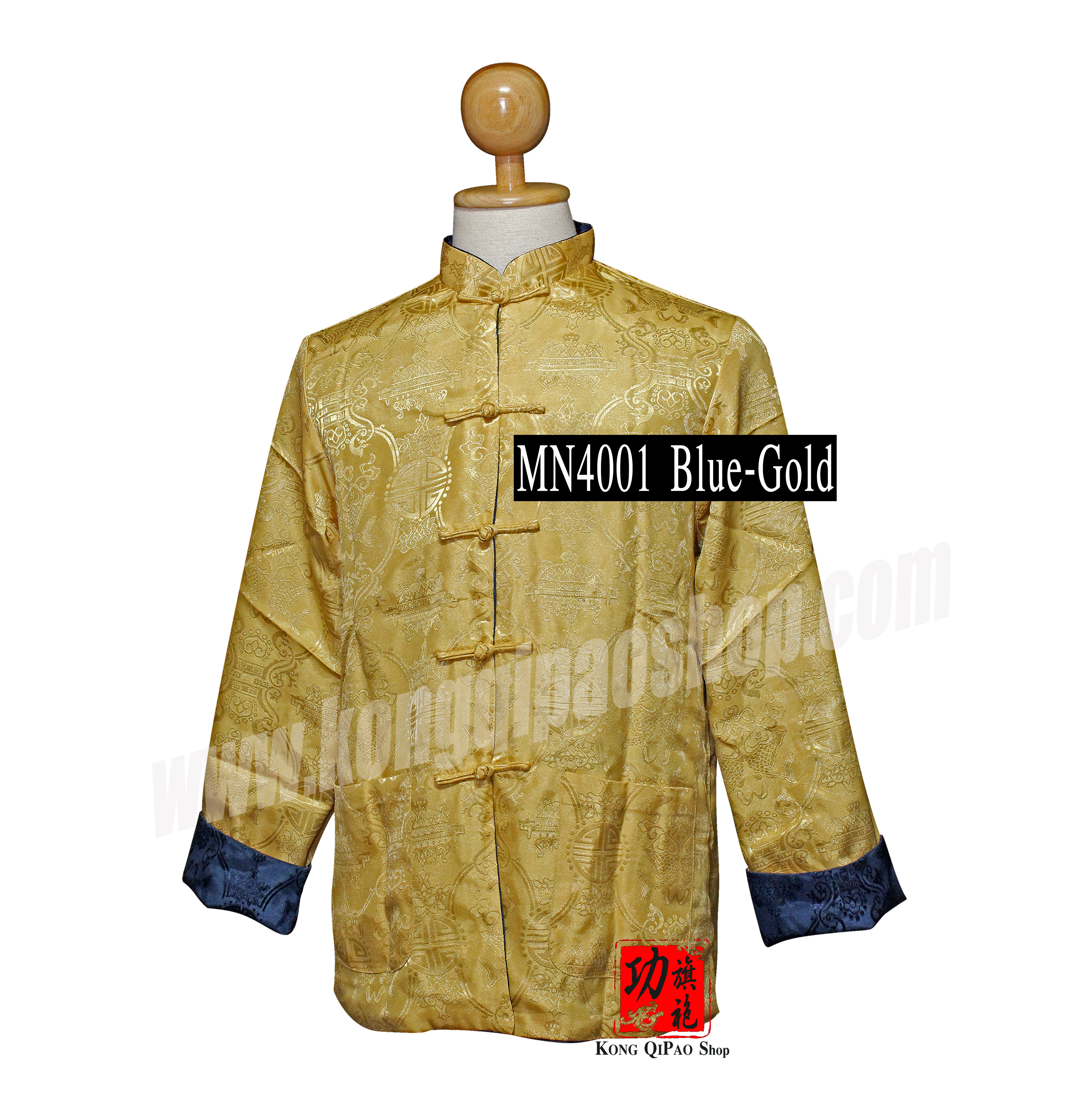 MN4001 เสื้อจีนผู้ชาย แขนยาว ลายปลาหลีฮื้อคู่ (鯉魚) (ใส่ได้ 2 ด้าน)