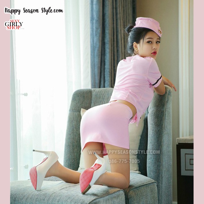 ชุดพนักงาน ชุดแอร์ ชุดยูนิฟอร์ม ชุดพนักงานต้อนรับ ชุดแอร์สีชมพู เอวลอย พร้อมหมวก