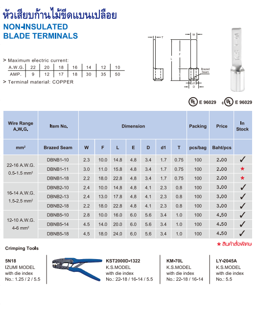 หัวเสียบก้านไม้ขีดแบนเปลือย NON-INSULATED BLADE TERMINALS