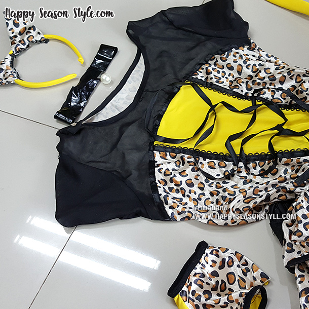 ชุดแมวลาย ชุดเสือดาว กระโปรงรูดระบาย พร้อม หู หาง ถุงมือ ปลอกคอ