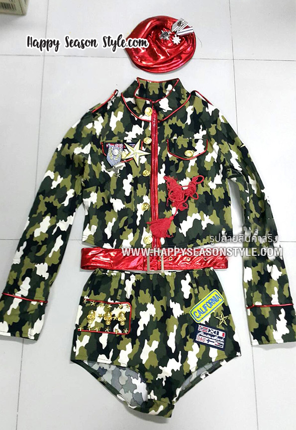 ชุดทหารแยกชิ้น ลายพราง ขลิบแดง พร้อมหมวกแดง