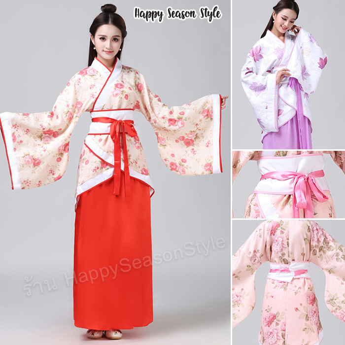 ชุดจีน ชุดจีนกำลังภายใน เสื้อลายดอกกระโปรงสีพื้น แถมปิ่น และ tattoo