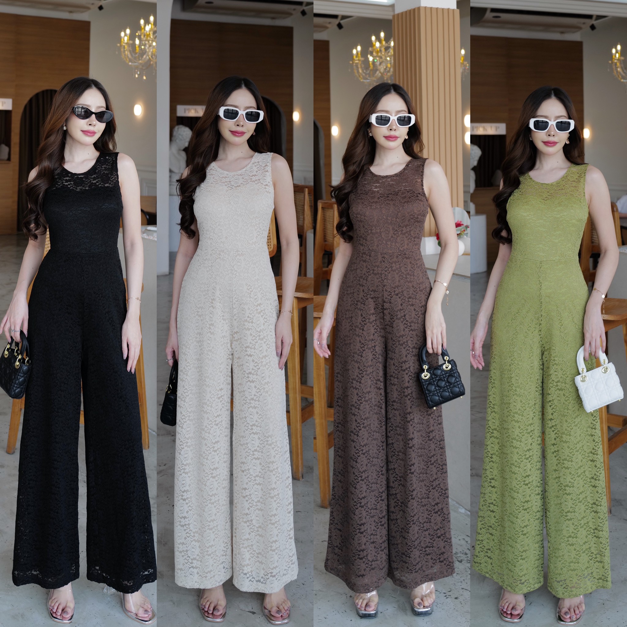 #9830 HILOOK ชุดจั้มยาวลูกไม้ แขนกุด ขากระบอบใส่สวย มีชับในสีเดียวกับชุด