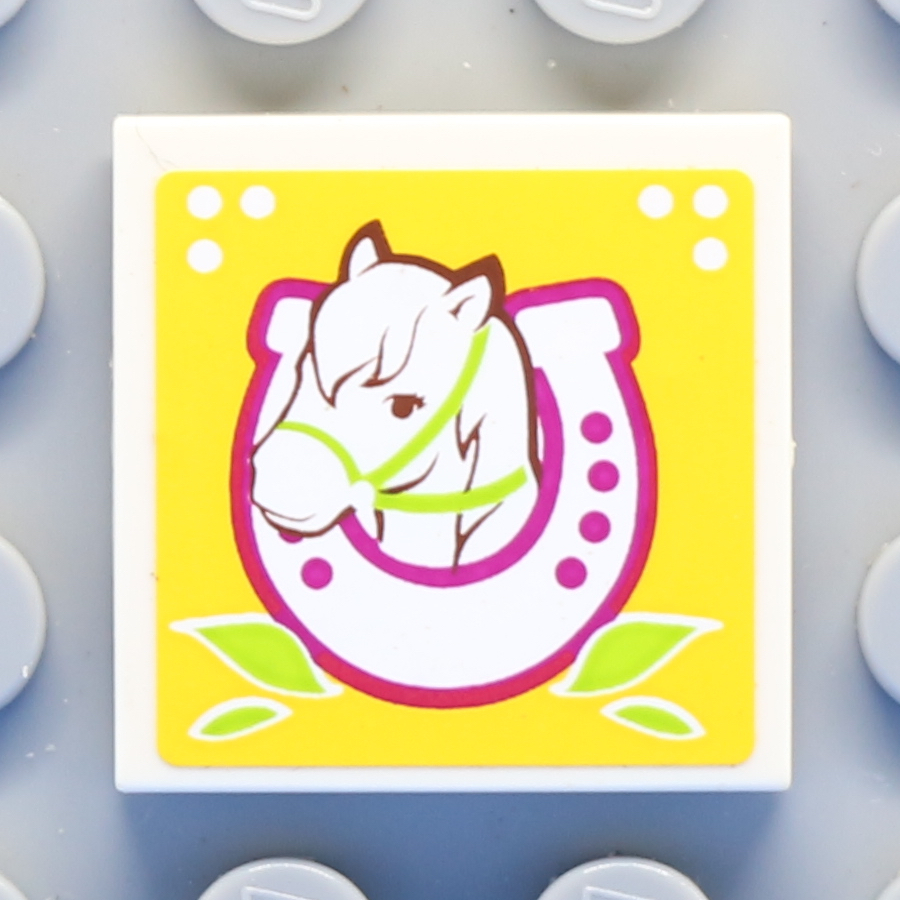 Tile 2 x 2 with Groove with Horse Head in Horseshoe and Leaves on Yellow Background Pattern (Sticker) - Set 41039