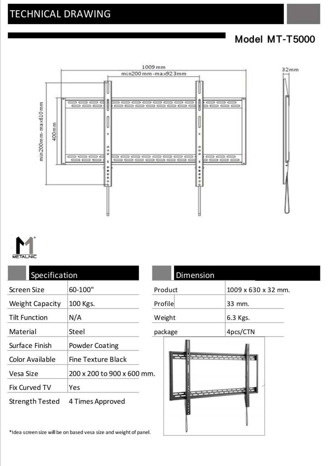 JMTVSTAND MT-T5000 ขาแขวนทีวีตัวใหญ่ 60"-100"นิ้ว แบบ FIX วัสดุเหล็กหนา รับน้ำหนักได้ 100 กิโล0964746498