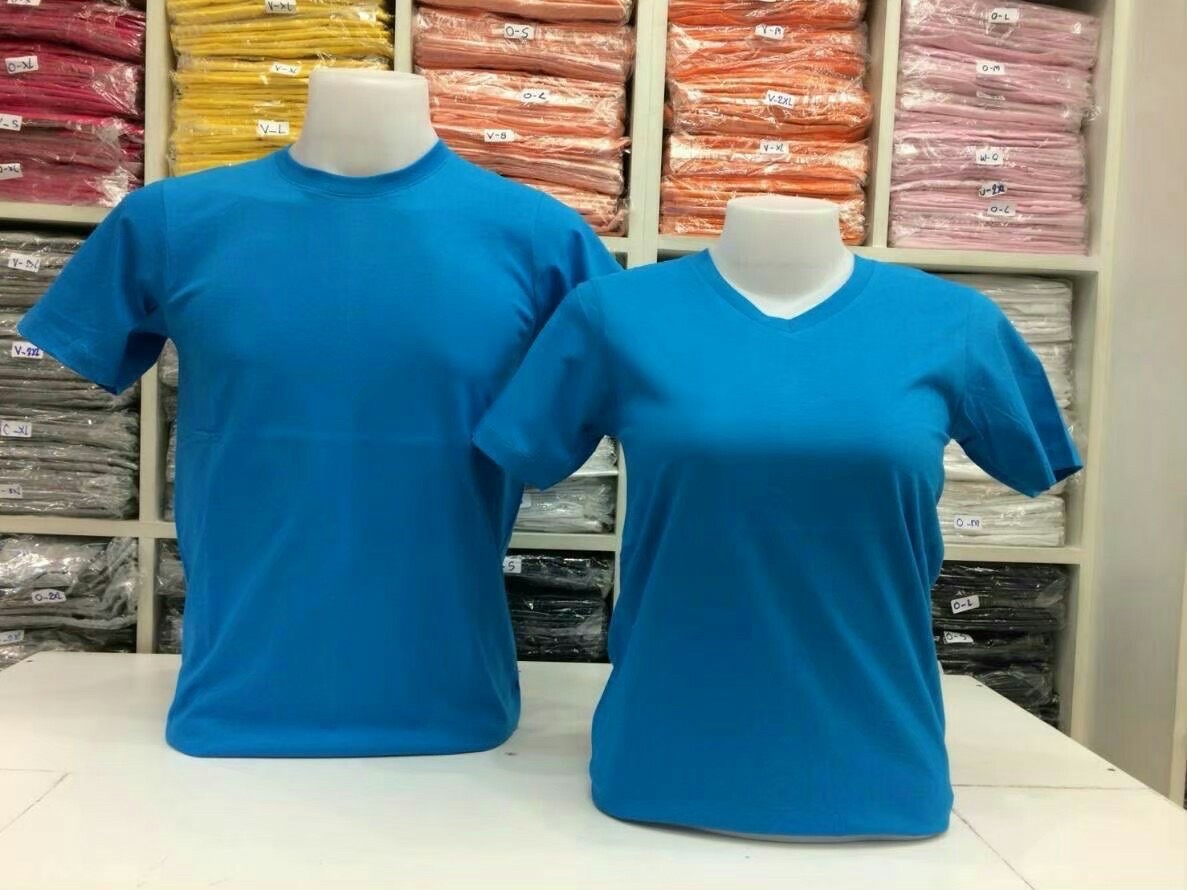 เสื้อยืดคอกลมคอวีสีฟ้าทะเล