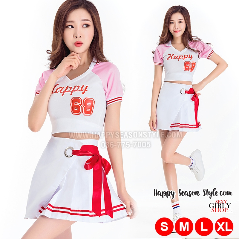 ชุดเชียร์ ชุดเชียร์ลีดเดอร์ ชุดเชียร์กีฬา สีขาวปกโปโล แขนชมพู กระโปรงขาว แนวเกาหลี ใส่ได้ 2 แบบ