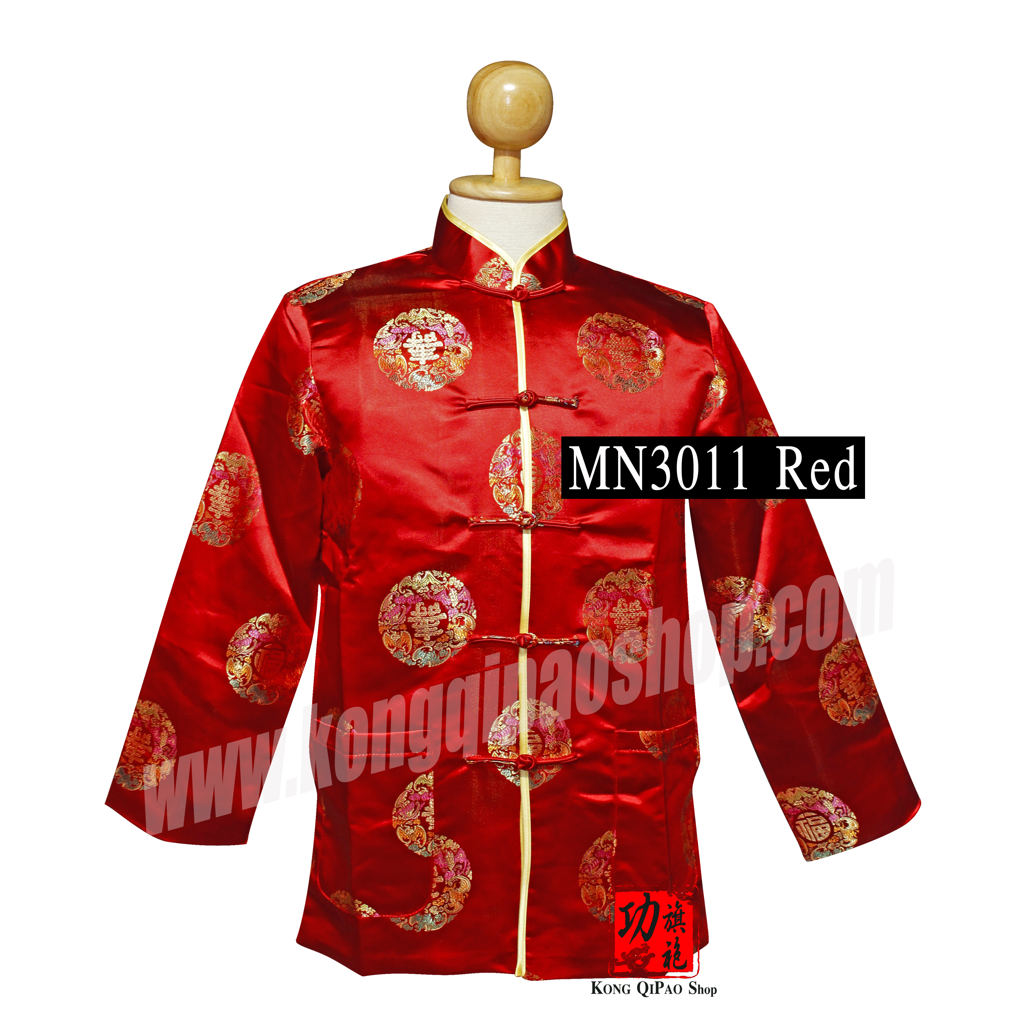 MN3011 เสื้อจีนผู้ชาย แขนยาว ลายลายเหรียญค้างคาวนำโชค และอักษร 福,壽