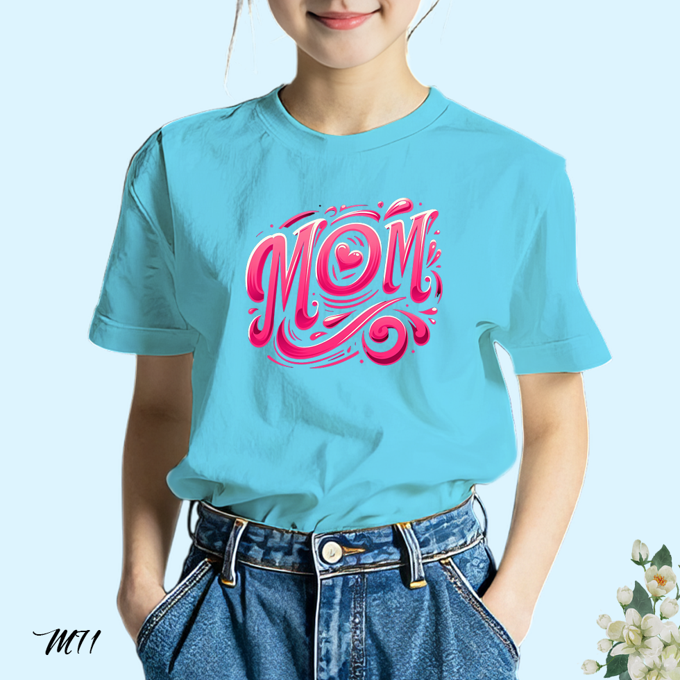 เสื้อยืดสีฟ้าวันแม่ สกรีนลาย MOM M71 โพลีเอสเตอร์ 100% ตรงปก วันแม่ 12 สิงหาคม