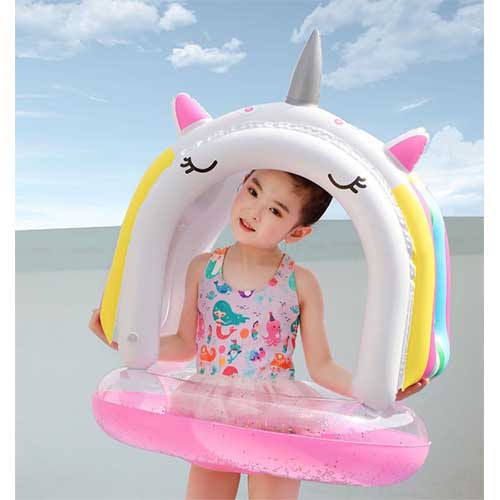 Inflatable New Rainbow Unicorn Poolfloat Ring for girl 2-6 years ห่วงยางแบบมีหลังคารูปยูนิคอร์น สำหรับเด็กผู้หญิง อายุ 2-6 ปี