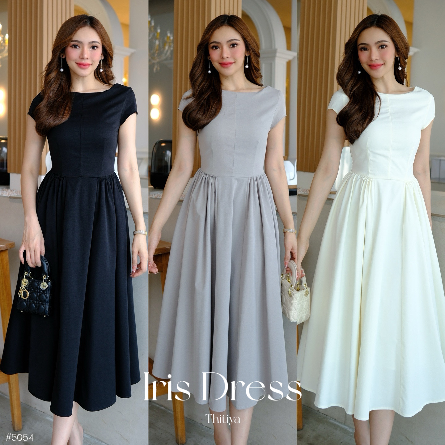 #5054 Iris Dress เดรสแขนเต่อ ทรงคอปาด ให้ลุคดูสวยแพงแบบเรียบหรู หุ่นสวย เนื้อผ้าฝ้ายผสมดีดลินิน