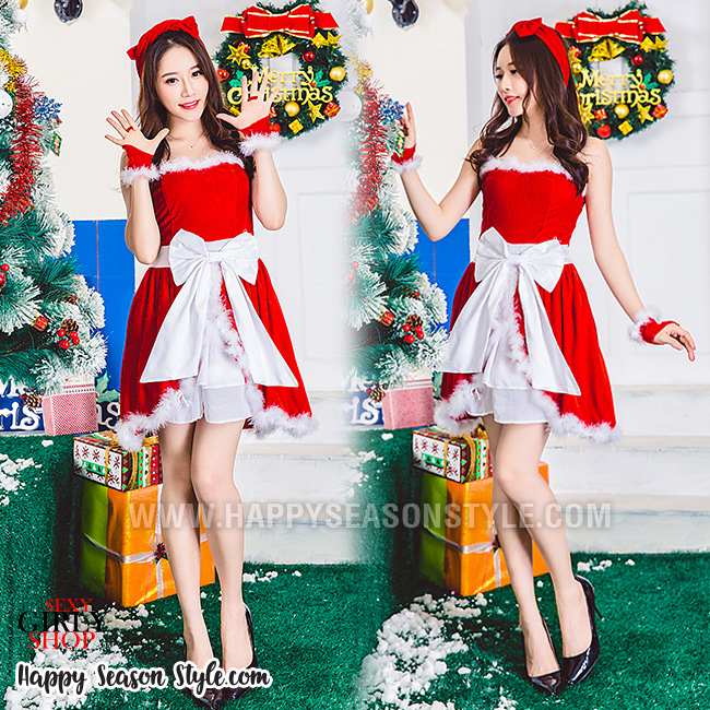 ชุดซานต้า ซานตี้ รุ่นกระโปรงบาน โบว์ขาว