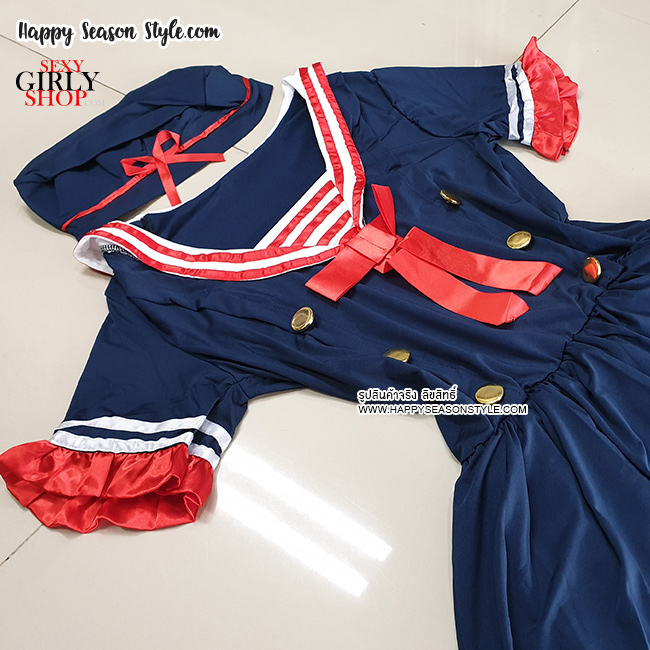 ชุดกะลาสี เดรสน้ำเงิน ลายขาวแดงที่อกพร้อมหมวกทรงกะลาสีทรงกลม
