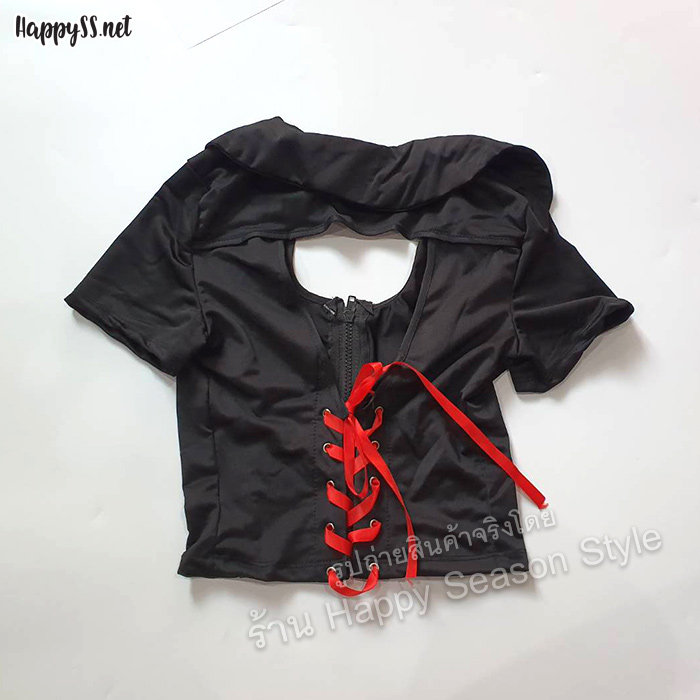 ชุดนักเรียน ชุดนักเรียนเอวลอย ชุดนักเรียนเซ็กซี่ ชุดนักเรียนเปิดอก ซิปหน้า สีดำ ไทด์ กระโปรงสก๊อตแดง