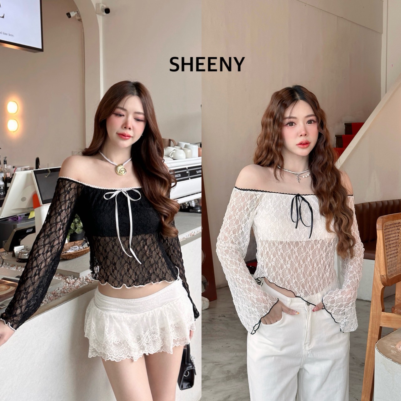 Sugar lace top เสื้อลุกไม้ปาดไหล่ตัวนี้กิมมิคน่ารักมาก sheeny