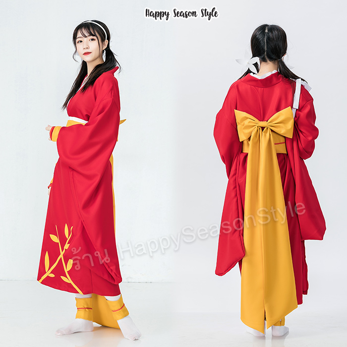 ชุดกิโมโน คอสเพลย์ แบบยาว สีแดง โอบิเหลือง สกรีนชาย