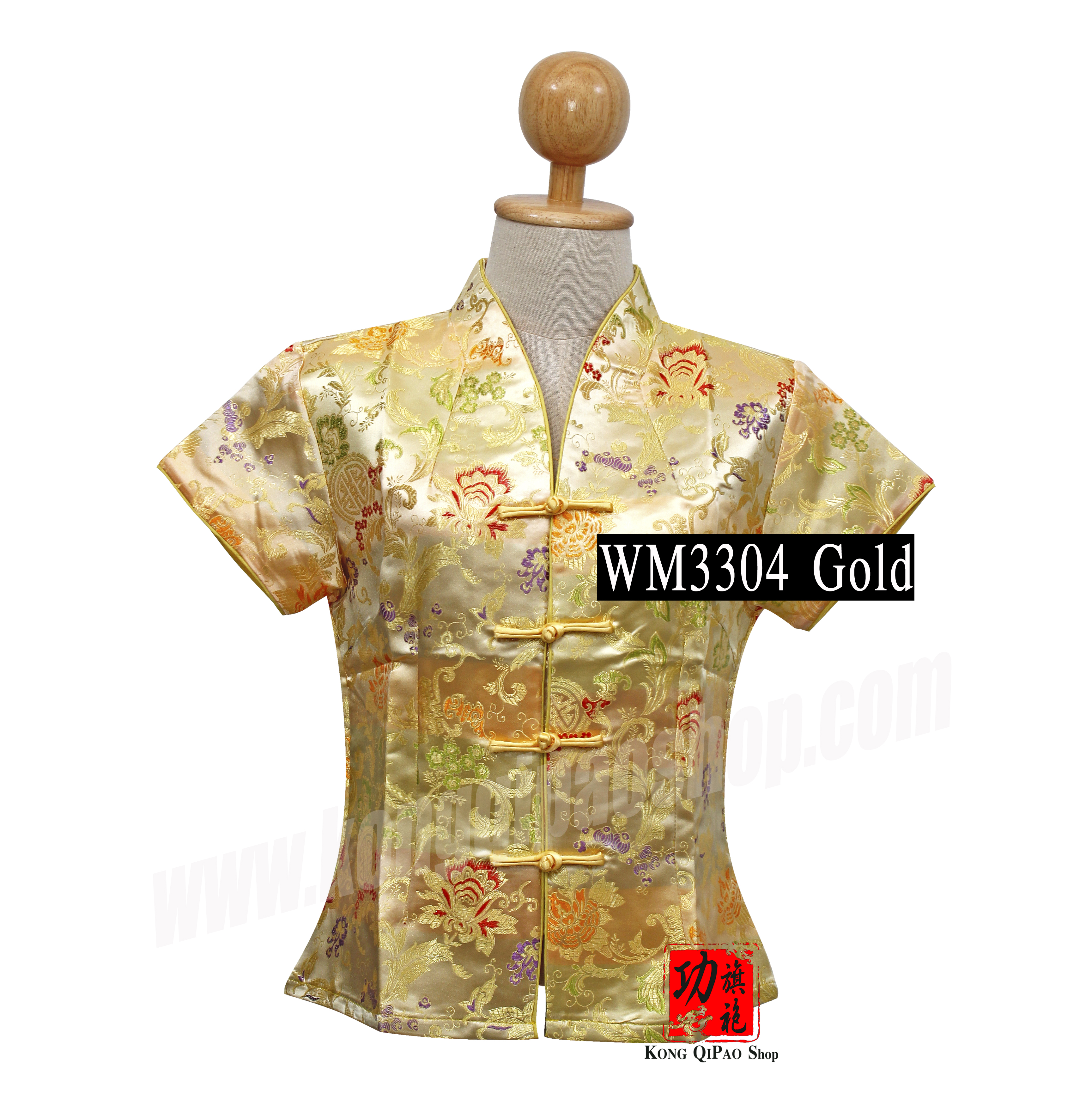 WM3304 เสื้อจีนผู้หญิง คอวี ลายดอกโบตั๋นและสัญลักษณ์จีน