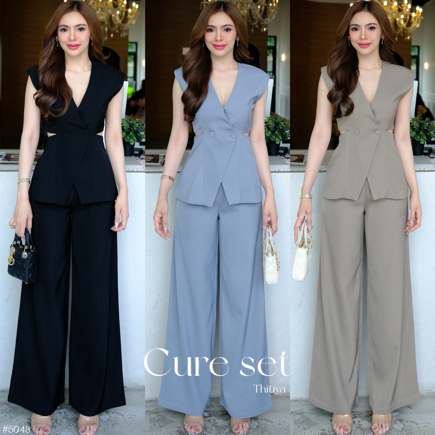 #5048 Cure set งานเซ็ตทรงSemi-formal ดีไซน์เก๋มากๆค่ะ ตัวเสื้อแขนกุดปิดไหล่ซับในทั้งตัว thitiya