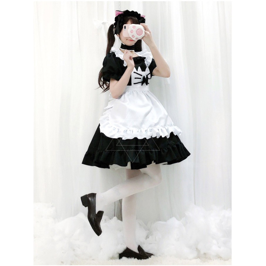 ชุดแม่บ้าน ชุดเมด ชุดเมดแมว ปักหนวดแมวที่อก สีขาวดำ พร้อมที่คาดผม