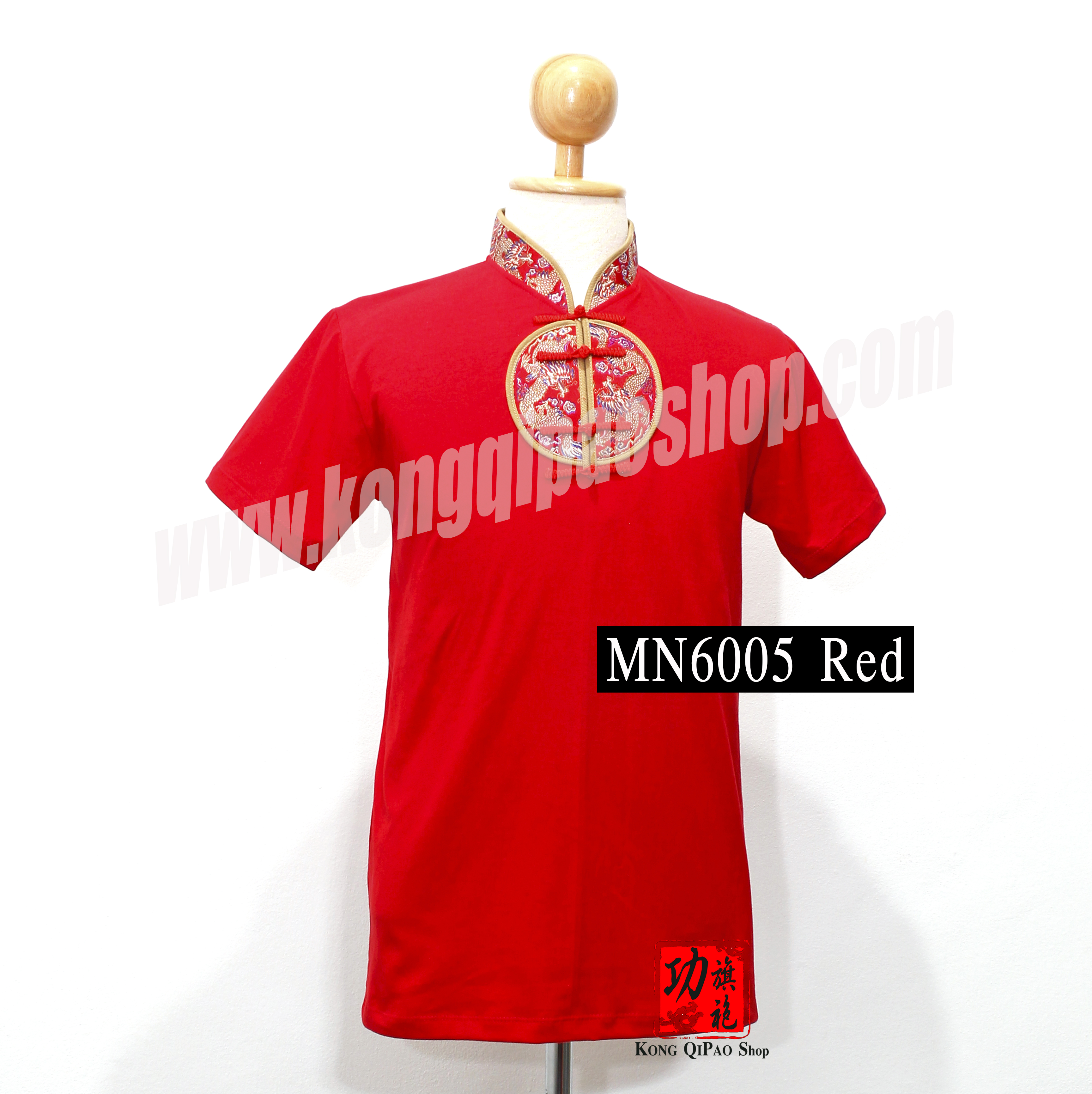 MN6005 เสื้อยืดคอจีนผู้ชาย ลายวงกลมมังกรคู่