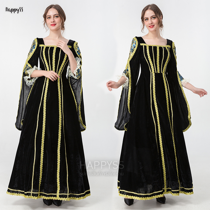 ชุดยุโรป วิคตอเรีย ย้อนยุค ผู้ดีอังกฤษ สไตล์เทพนิยาย สีดำแต่งขอบทองรอบชุด ส่งไวจากไทย 🏍️