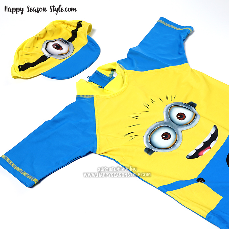 ชุดว่ายน้ำเด็ก มินเนียน ชุดติดกัน พร้อมหมวกว่าน้ำทรงหมวกแก๊บ