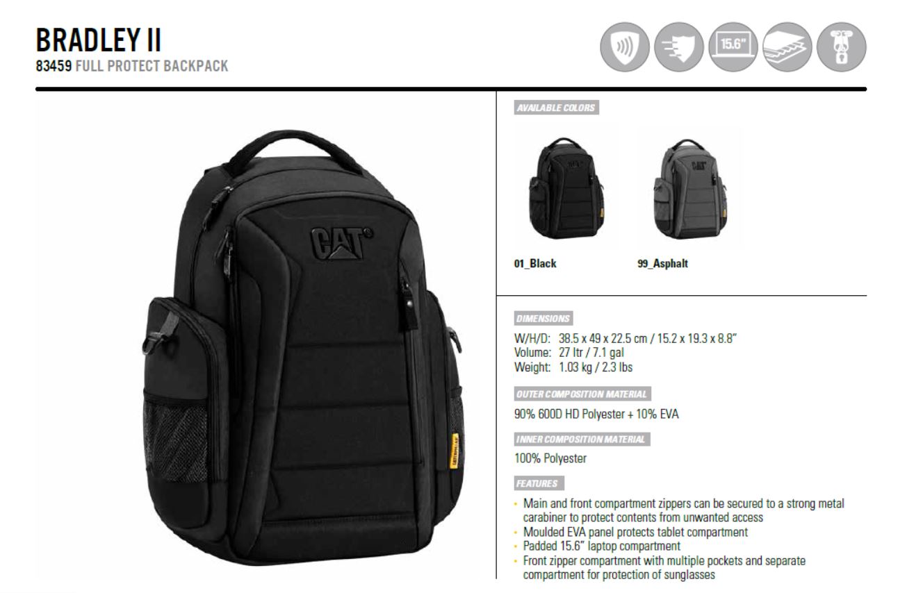 CAT Bags BRADLEY II 83459-01 FULL PROTECT BACKPACK Caterpillar bags