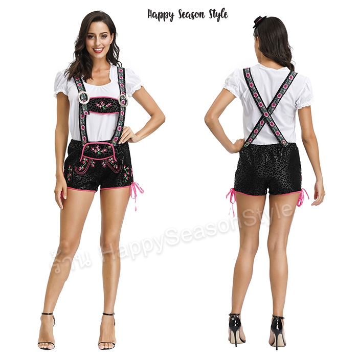 ชุดบาวาเรียน เอี๊ยมสีดำ ลายดอกไม้ พร้อมหมวกเล็กๆ ขนนก ชุดประจำชาติ เยอรมัน เนเธอร์แลนด์ ชุดเชียร์เบียร์