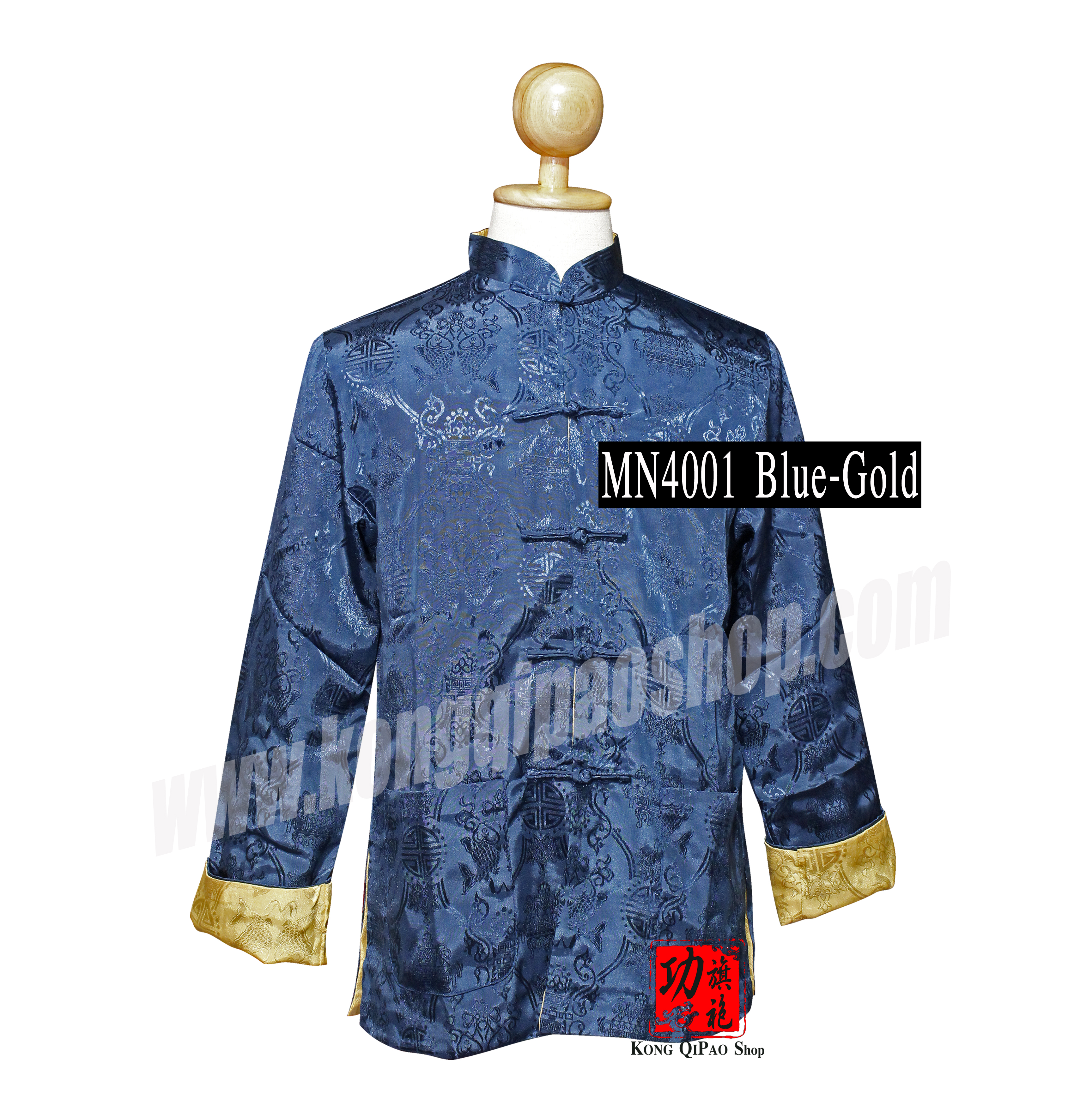 MN4001 เสื้อจีนผู้ชาย แขนยาว ลายปลาหลีฮื้อคู่ (鯉魚) (ใส่ได้ 2 ด้าน)