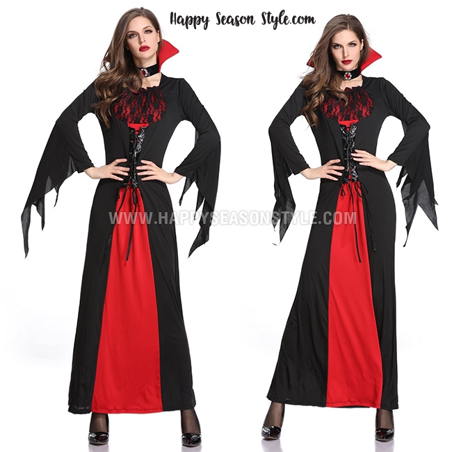 ชุดแม่มด ชุดแวมไพร์ แซกยาวดำแดง ปกตั้ง แขนกระดิ่งสีดำ