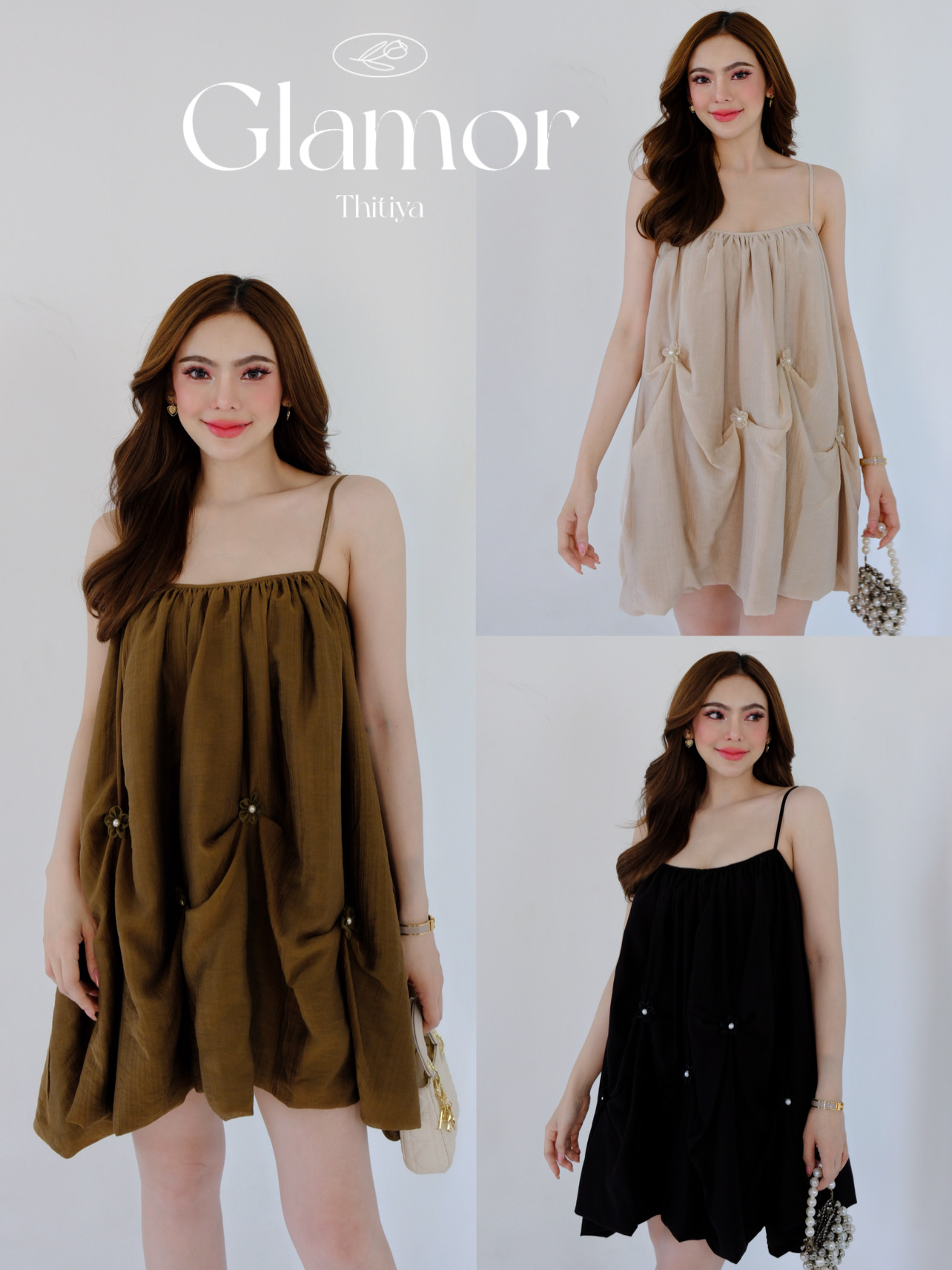 Glamor Dress เดรสทรงบอลลูน แต่งดอกไม้มุก คิ้วท์มากก เนื้อผ้านิ่มใส่สบาย ไม่ยับง่าย thitiya