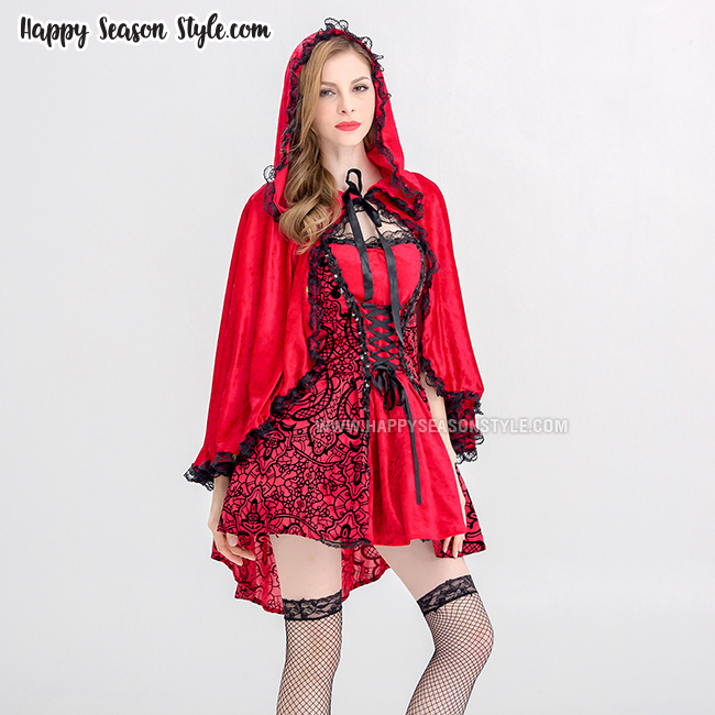 ชุดหนูน้อยหมวกแดง หน้าสั้นหลังยาว มีลายในตัว พร้อมผ้าคลุม