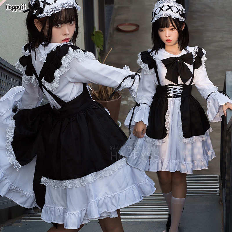 ชุดเมด งานพรีเมียม ชุดคอสเพลย์ รุ่นสีดำแขนกระดิ่งยาว พร้อมโบว์และผ้าคาดผม 🏍️💨ส่งไวจากกทม.