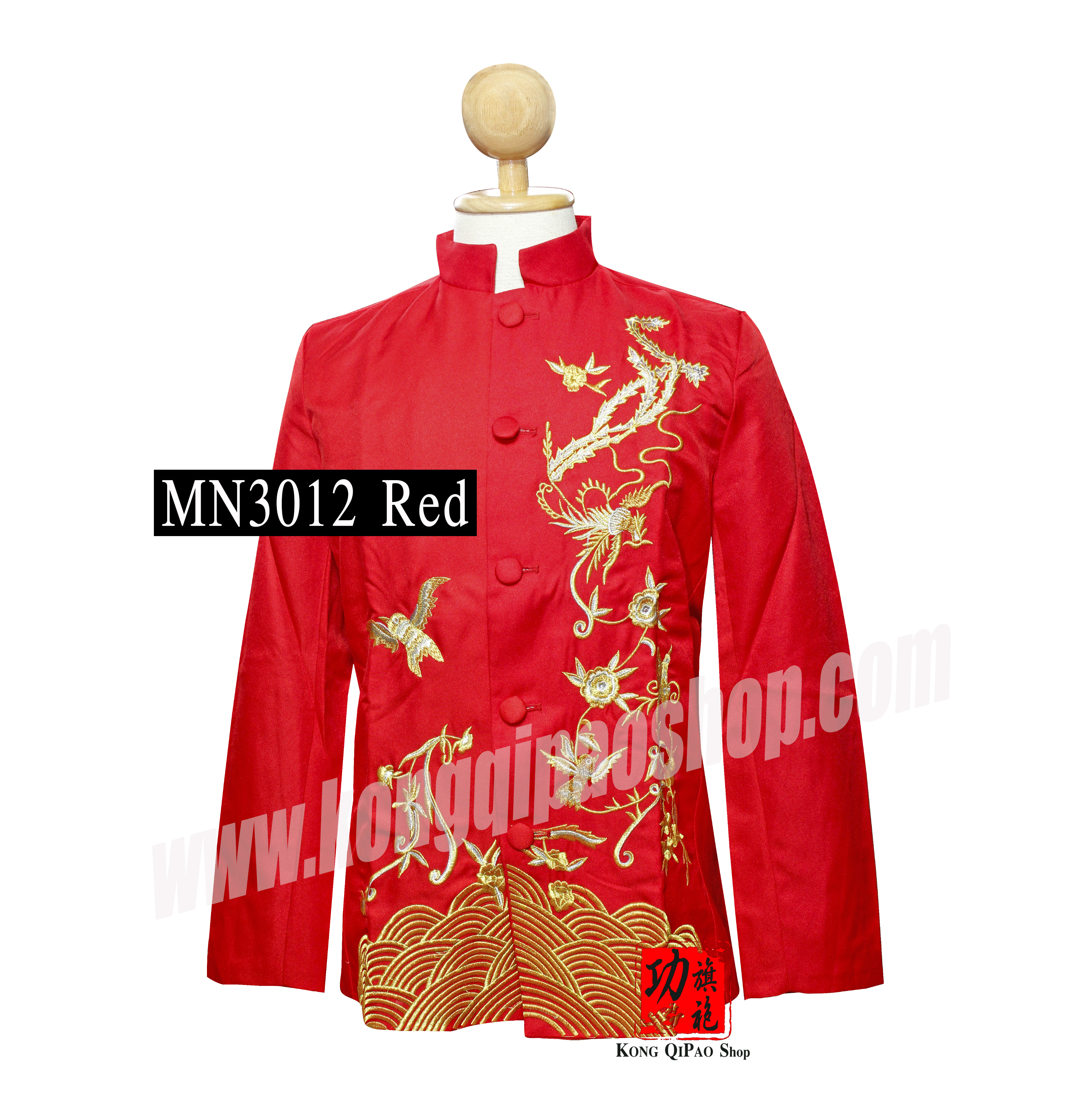MN3012 เสื้อจีนผู้ชาย แขนยาว ลายลายหงส์และดอกโบตั๋น