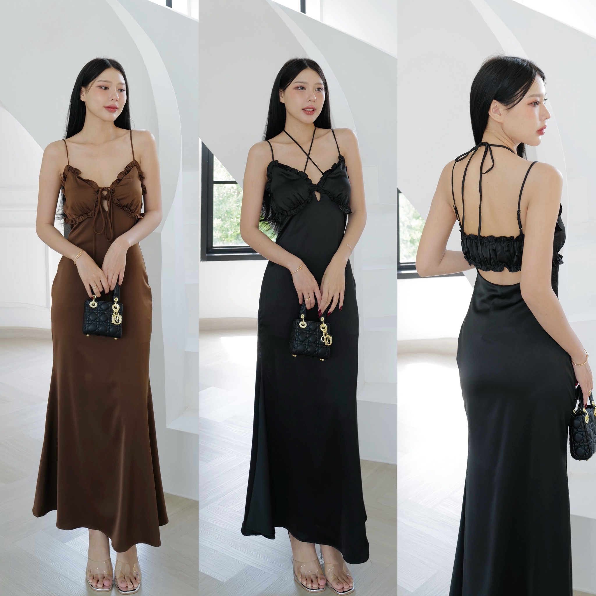 #5873#Eve 🤍🤍เดรสสายเดี่ยวยาว ช่วงอกแต่งระบายจับจีบมีสายผูกระหว่างอก