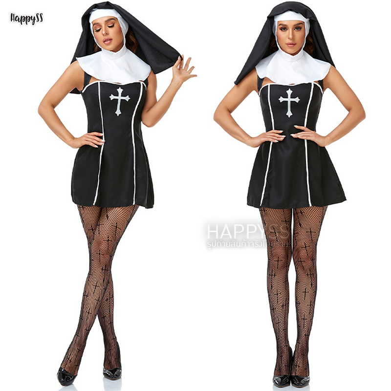 ชุดแม่ชี thenun นักบวช แม่ชีเซ็กซี่รุ่นแขนกุดพร้อมผ้าคลุมผม