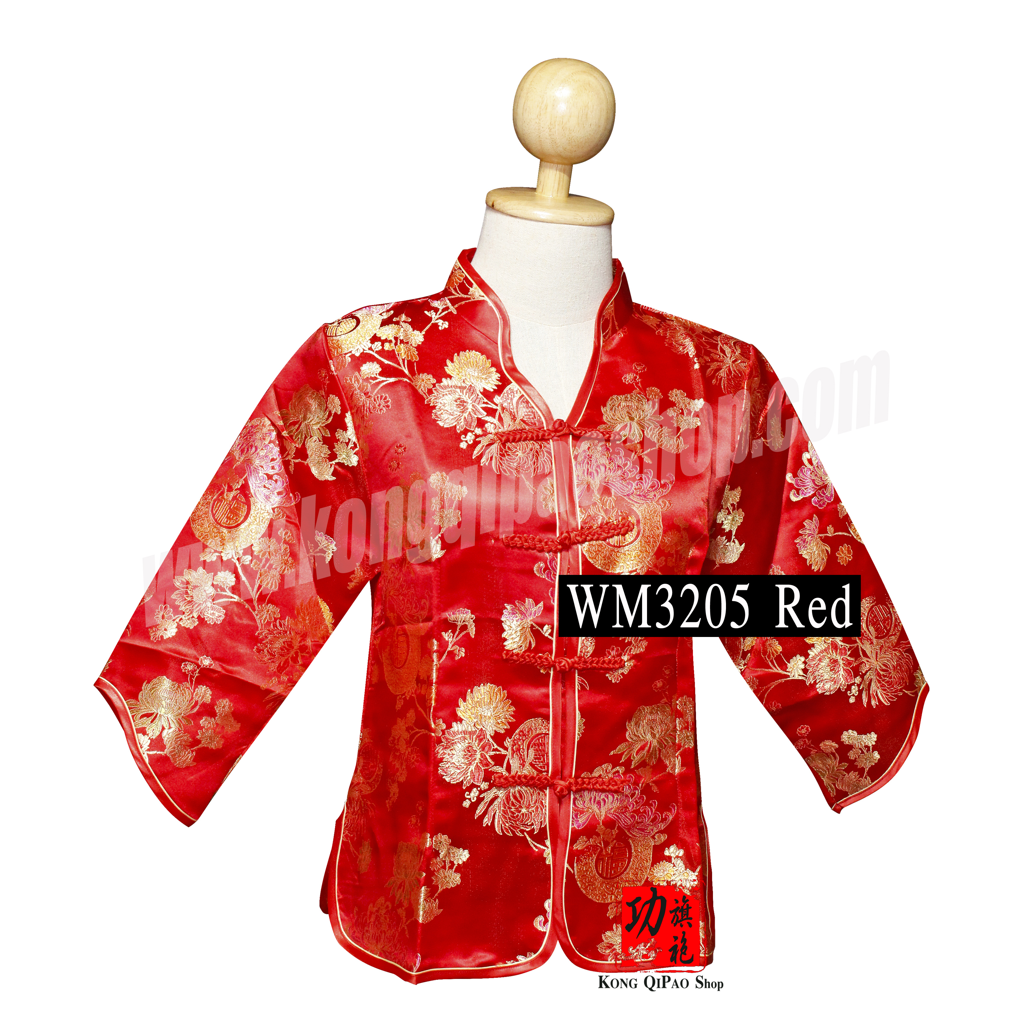 WM3205 เสื้อจีนผู้หญิง คอน้ำเต้า แขน 3 ส่วน ลายค้างคาวนำโชค 福(ฝู)