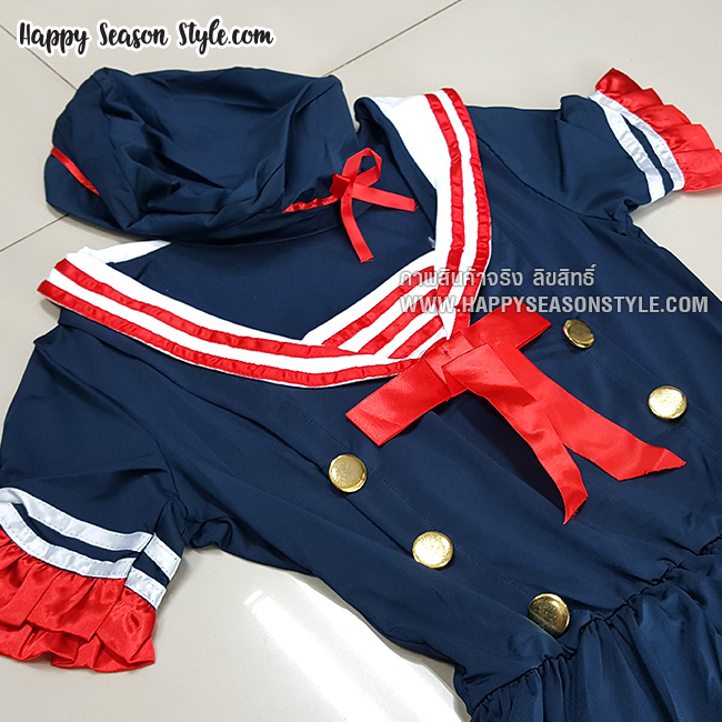 ชุดกะลาสี เดรสน้ำเงิน ลายขาวแดงที่อกพร้อมหมวกทรงกะลาสีทรงกลม