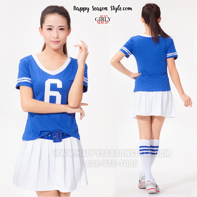 ชุดเชียร์ ชุดกีฬาสี เชียร์ลีดเดอร์ สีน้ำเงิน กุ๊นขาว กระโปรงขาว พร้อมเข็มขัด