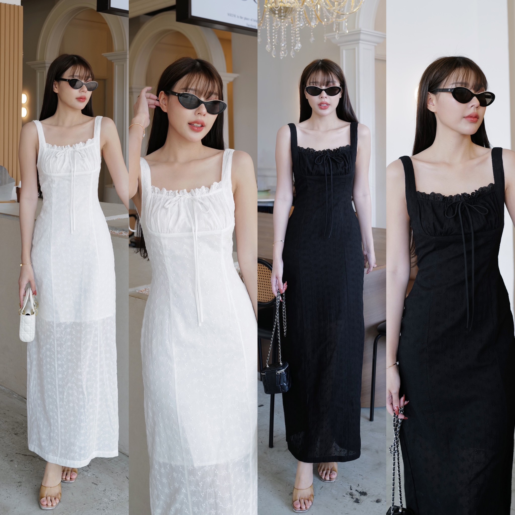 #9803 เดรสยาวฉลุลายดอกไม้ คอเหลี่ยม สายเดี่ยวแขน อกแต่งยับมีเชือกแต่งผูกโบว์ intuon