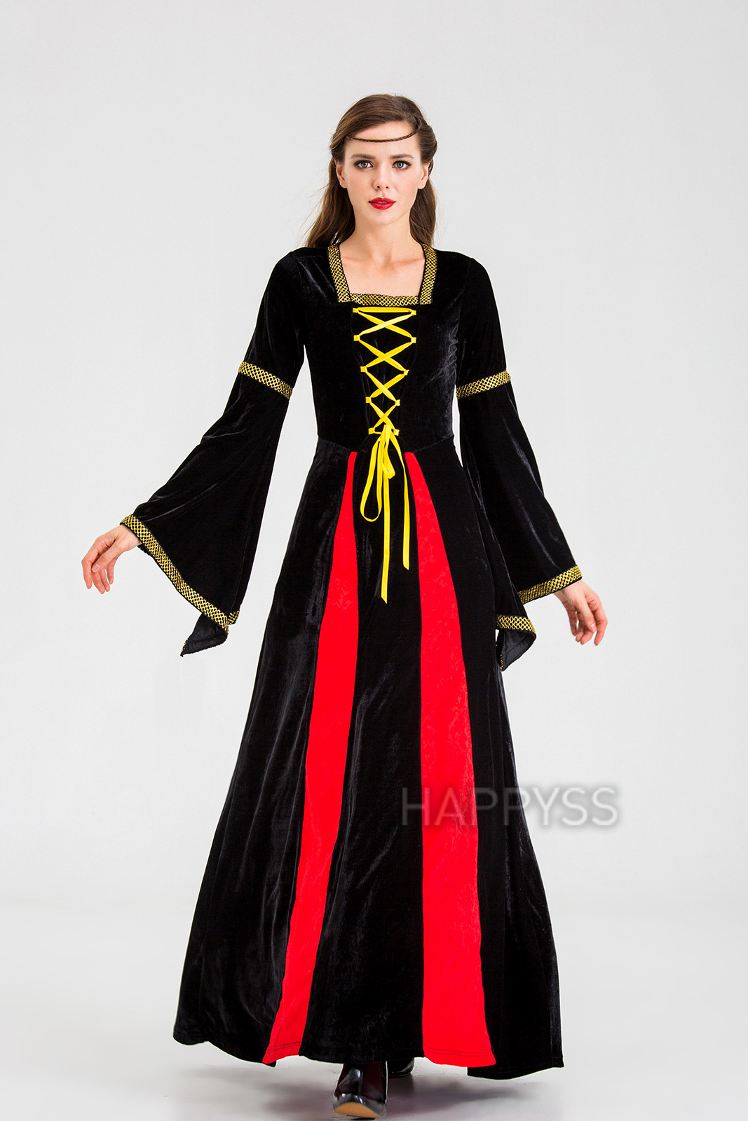 ชุดยุโรป ชุดย้อนยุค ผ้ากำมะหยี่ แทรกผ้า 2 แฉก ริบบิ้นเหลือง