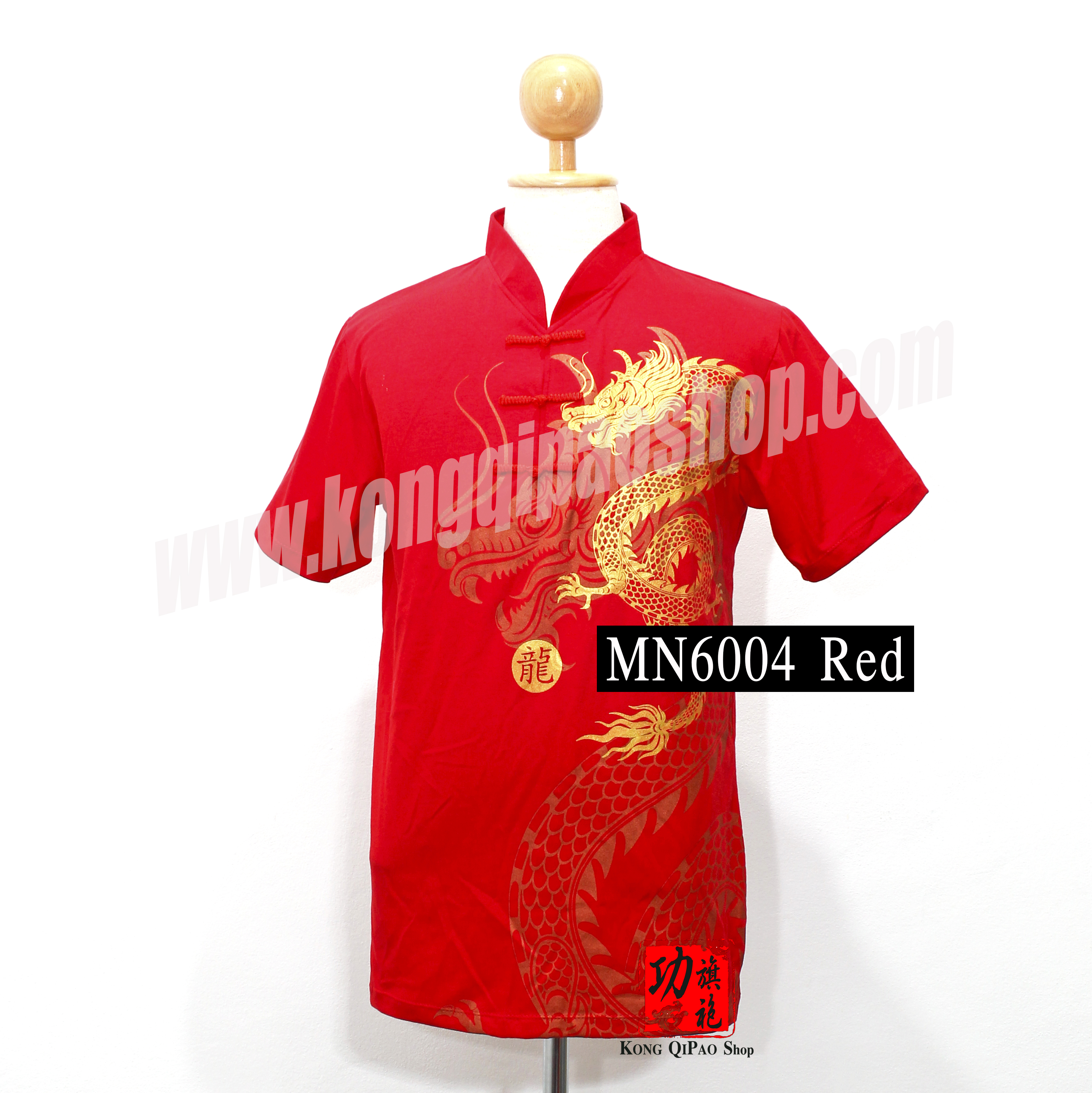 MN6004 เสื้อยืดคอจีนผู้ชาย ลายมังกรซ้อนมังกร (龍)