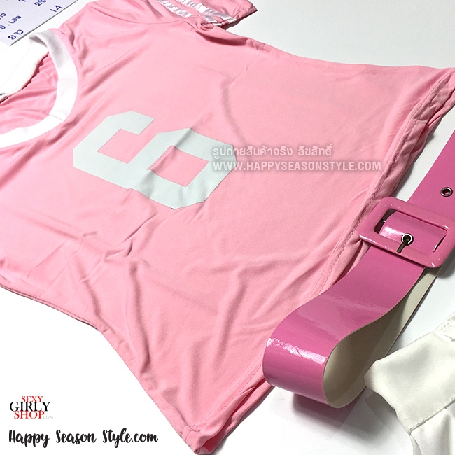 ชุดเชียร์ ชุดกีฬาสี เชียร์ลีดเดอร์ สีชมพู กุ๊นขาว กระโปรงขาว พร้อมเข็มขัด