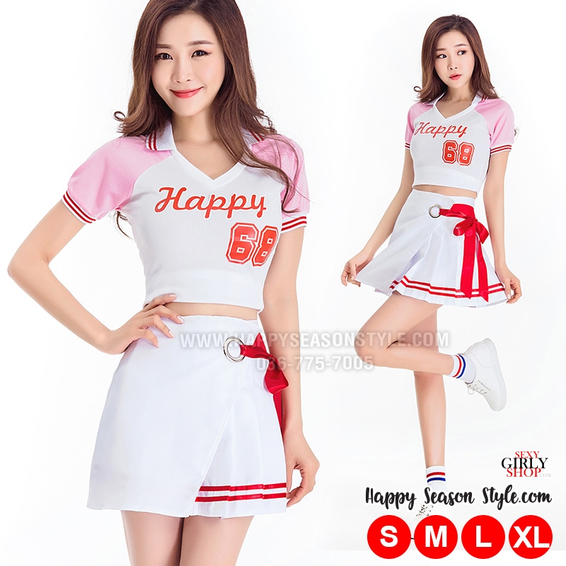 ชุดเชียร์ ชุดเชียร์ลีดเดอร์ ชุดเชียร์กีฬา สีขาวปกโปโล แขนชมพู กระโปรงขาว แนวเกาหลี ใส่ได้ 2 แบบ