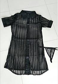 ชุดนอนไม่ได้นอน ชุดนอนซีทรู แนวเสื้อตัวโคร่งลายทางซีทรูสีดำ