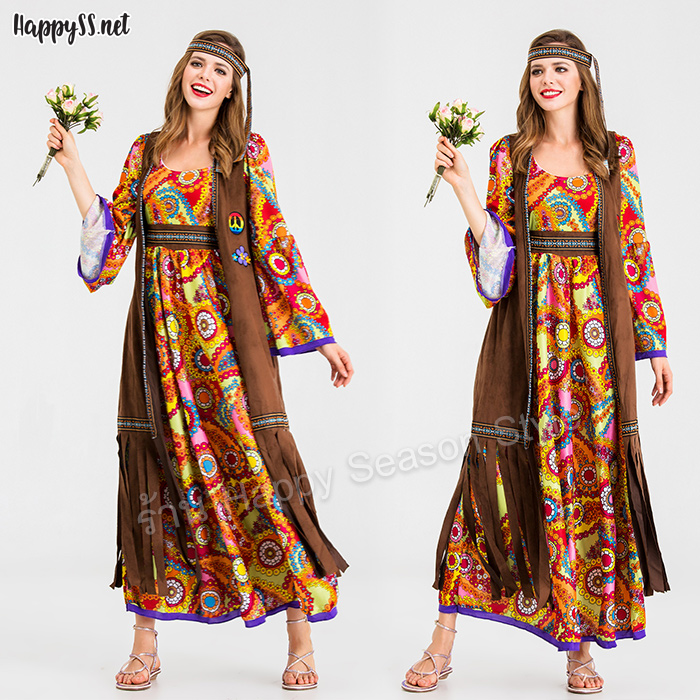 ชุดโบฮีเมียน ฮิปปี้ ยิปซี ย้อนยุค บุปผาชน รุ่นยาวผ้าลาย พร้อมเสื้อกั๊กในตัว