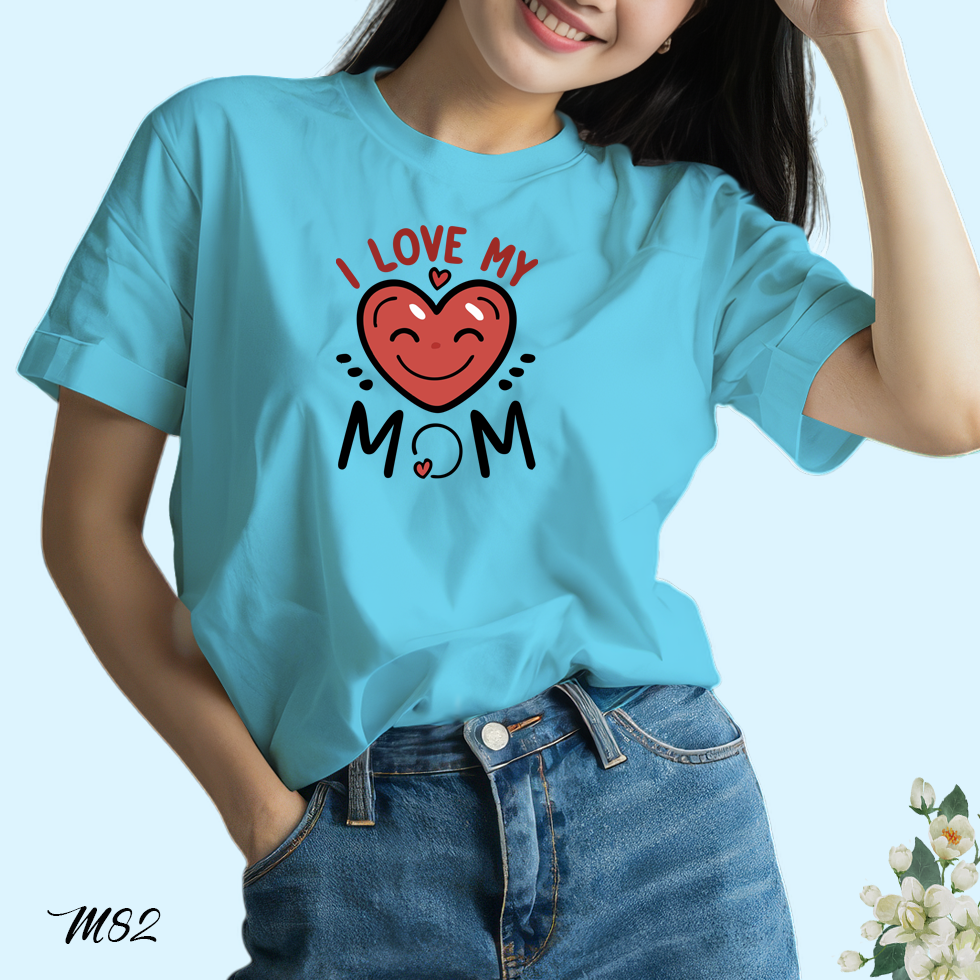 เสื้อยืดสีฟ้าวันแม่ สกรีนลาย i Love my mom M82 เนื้อผ้าโพลีเอสเตอร์ 100% สกรีนตรงปก วันแม่ 12 สิงหาคม บีเคสกรีนเสื้อ